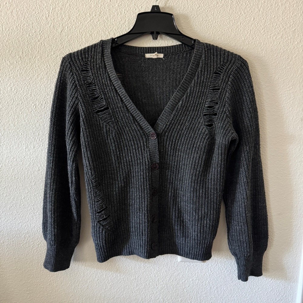 Maurice's Distressed Ribbed Knit Cardigan Sweater S Charcoal Gray Indie Sleaze